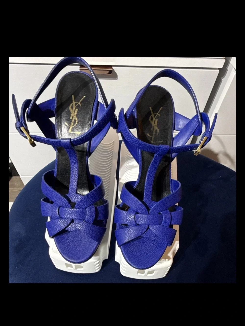 Yves Saint Laurent Tribute Cobalt Blue Leather Platform Sandals with White Sole